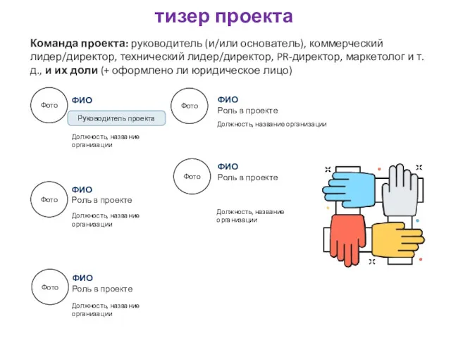 тизер проекта Команда проекта: руководитель (и/или основатель), коммерческий лидер/директор, технический