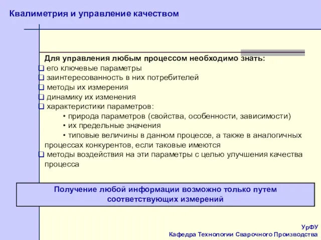 УрФУ Кафедра Технологии Сварочного Производства Квалиметрия и управление качеством Для