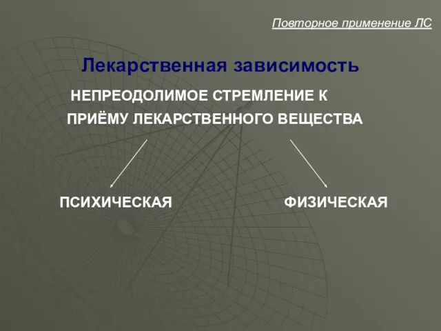 Лекарственная зависимость Повторное применение ЛС НЕПРЕОДОЛИМОЕ СТРЕМЛЕНИЕ К ПРИЁМУ ЛЕКАРСТВЕННОГО ВЕЩЕСТВА ПСИХИЧЕСКАЯ ФИЗИЧЕСКАЯ