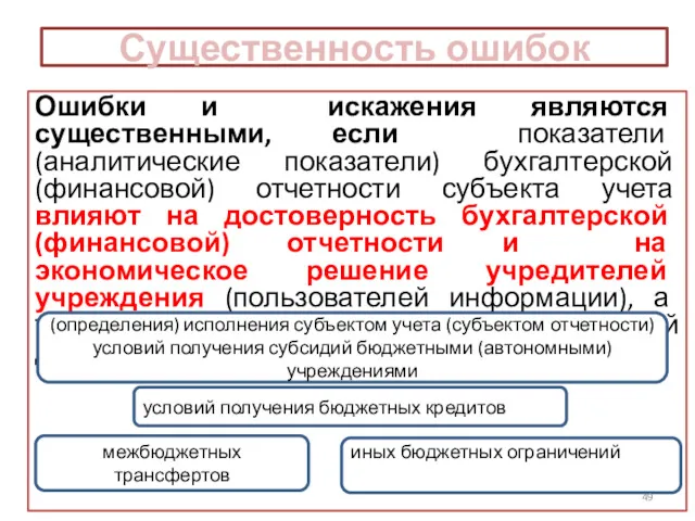 Существенность ошибок Ошибки и искажения являются существенными, если показатели (аналитические