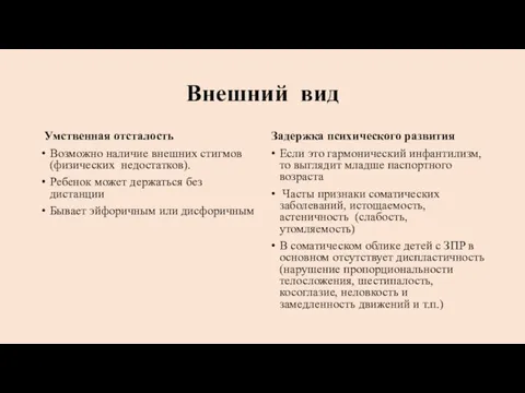 Внешний вид Умственная отсталость Возможно наличие внешних стигмов (физических недостатков).