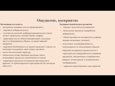 Ощущение, восприятие Умственная отсталость восприятие искажено или не сформировано; нарушена