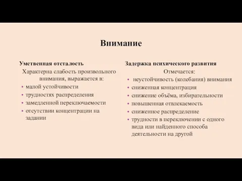 Внимание Умственная отсталость Характерна слабость произвольного внимания, выражается в: малой