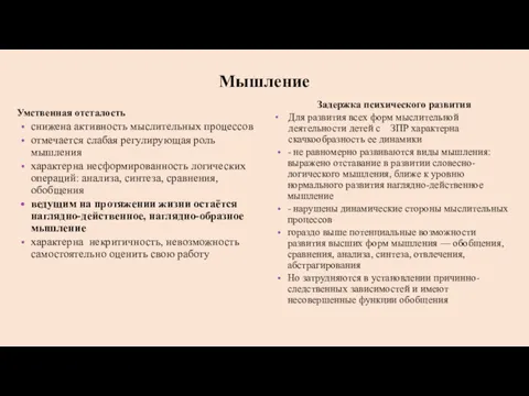 Мышление Умственная отсталость снижена активность мыслительных процессов отмечается слабая регулирующая