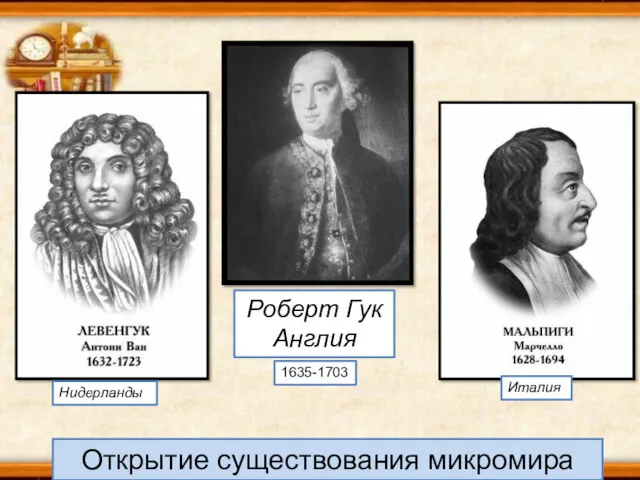 Открытие существования микромира Роберт Гук Англия 1635-1703 Нидерланды Италия