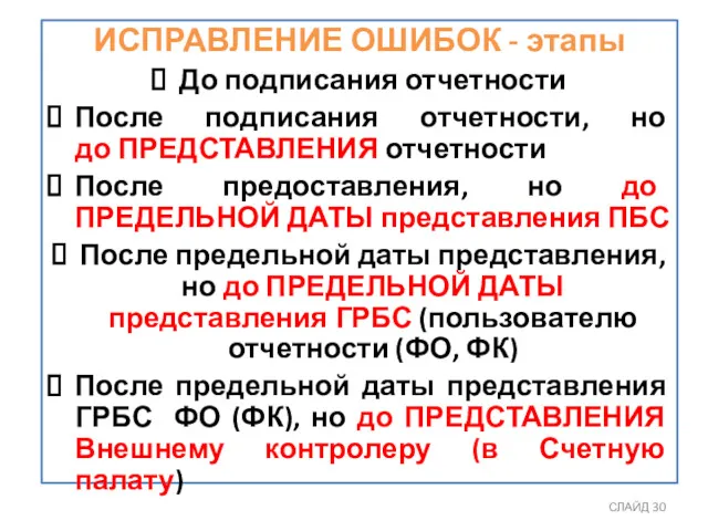 СЛАЙД ИСПРАВЛЕНИЕ ОШИБОК - этапы До подписания отчетности После подписания