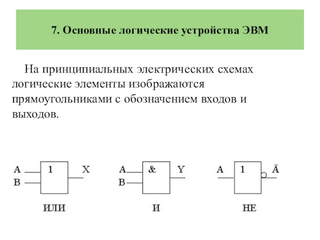 На принципиальных электрических схемах логические элементы изображаются прямоугольниками с обозначением