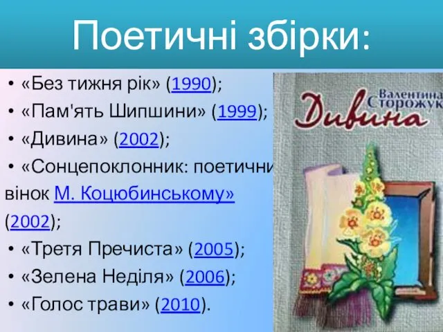 Поетичні збірки: «Без тижня рік» (1990); «Пам'ять Шипшини» (1999); «Дивина»
