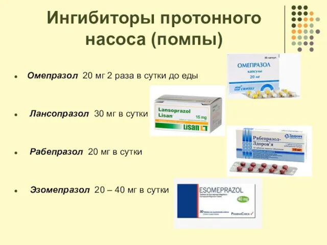 Ингибиторы протонного насоса (помпы) Омепразол 20 мг 2 раза в