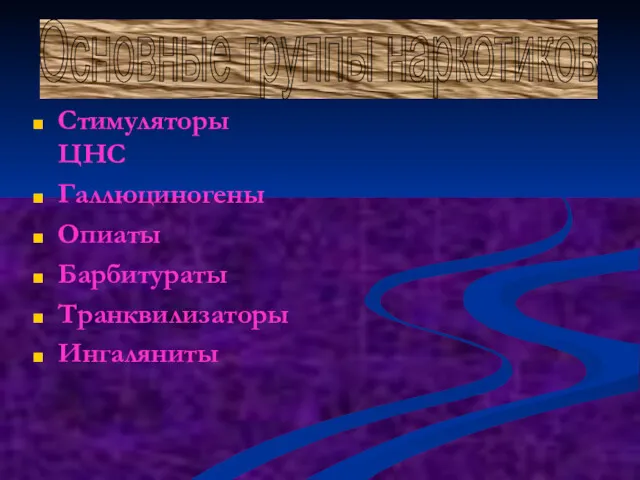 Стимуляторы ЦНС Галлюциногены Опиаты Барбитураты Транквилизаторы Ингаляниты Основные группы наркотиков