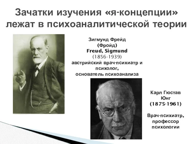 Зачатки изучения «я-концепции» лежат в психоаналитической теории Зигмунд Фрейд (Фройд)