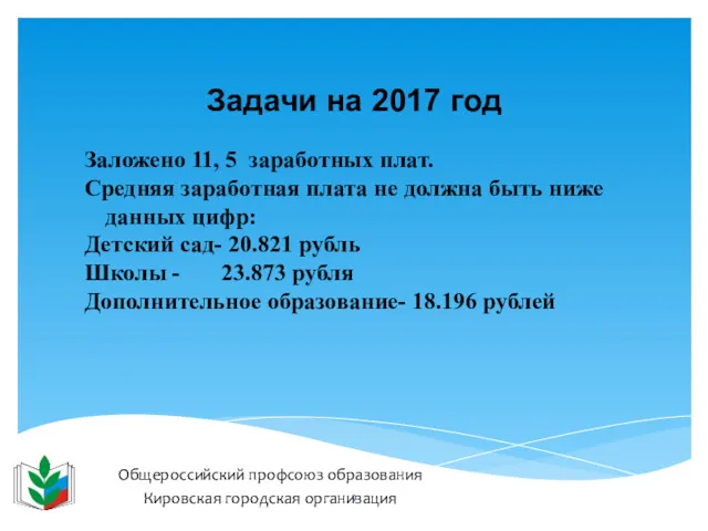 Общероссийский профсоюз образования Кировская городская организация Задачи на 2017 год Заложено 11, 5