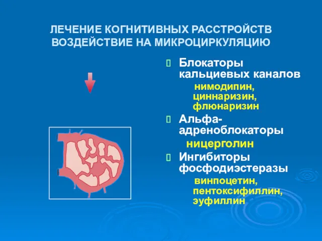 ЛЕЧЕНИЕ КОГНИТИВНЫХ РАССТРОЙСТВ ВОЗДЕЙСТВИЕ НА МИКРОЦИРКУЛЯЦИЮ Блокаторы кальциевых каналов нимодипин,