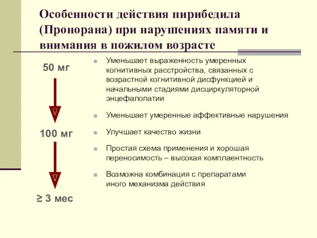 Особенности действия пирибедила (Пронорана) при нарушениях памяти и внимания в