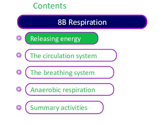 8B Respiration Contents Releasing energy The circulation system Summary activities The breathing system Anaerobic respiration