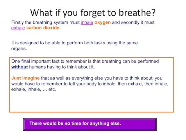 Firstly the breathing system must inhale oxygen and secondly it