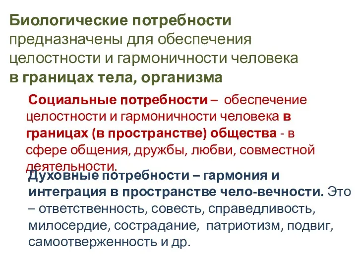 Социальные потребности – обеспечение целостности и гармоничности человека в границах