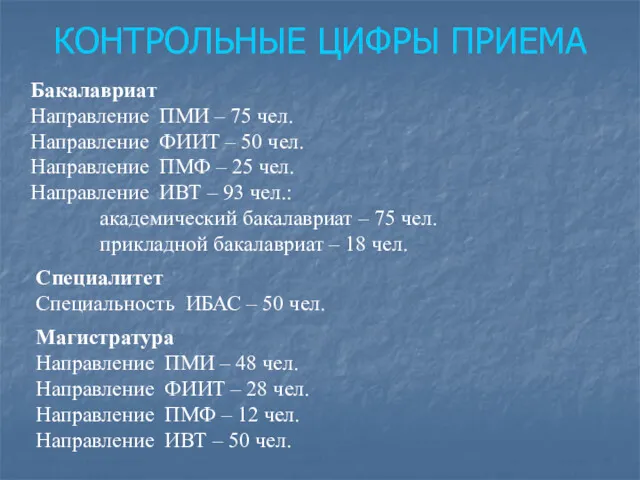 КОНТРОЛЬНЫЕ ЦИФРЫ ПРИЕМА Бакалавриат Направление ПМИ – 75 чел. Направление