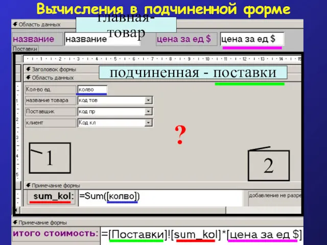 Вычисления в подчиненной форме главная-товар подчиненная - поставки 1 2 ?