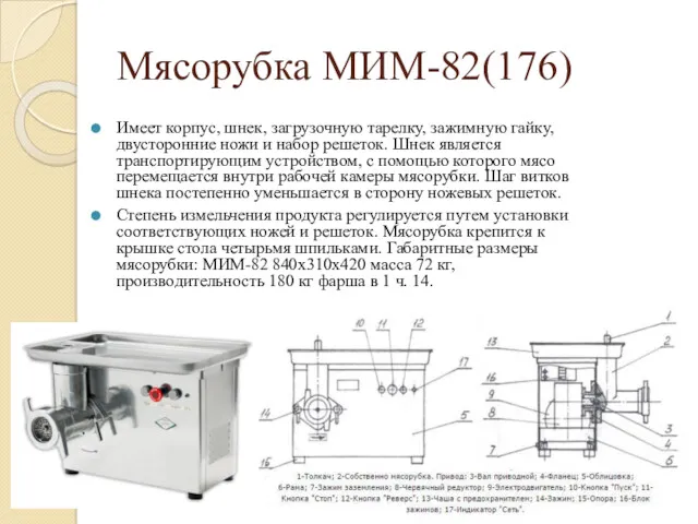 Мясорубка МИМ-82(176) Имеет корпус, шнек, загрузочную тарелку, зажимную гайку, двусторонние