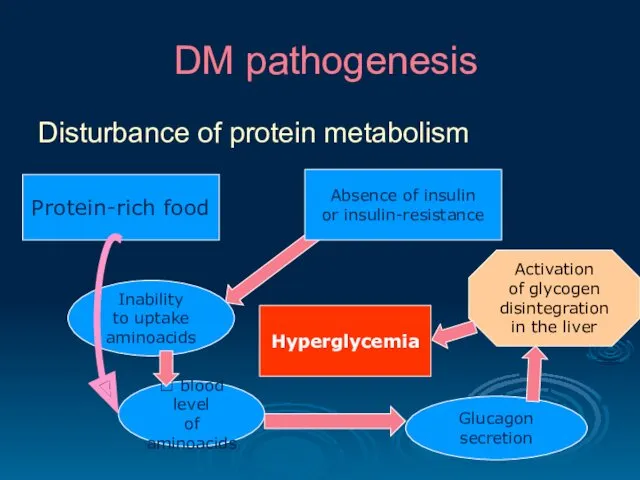 DM pathogenesis Disturbance of protein metabolism Protein-rich food Inability to
