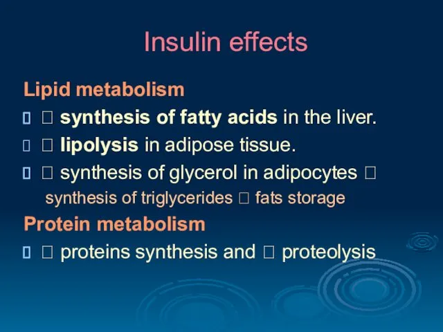 Insulin effects Lipid metabolism ? synthesis of fatty acids in