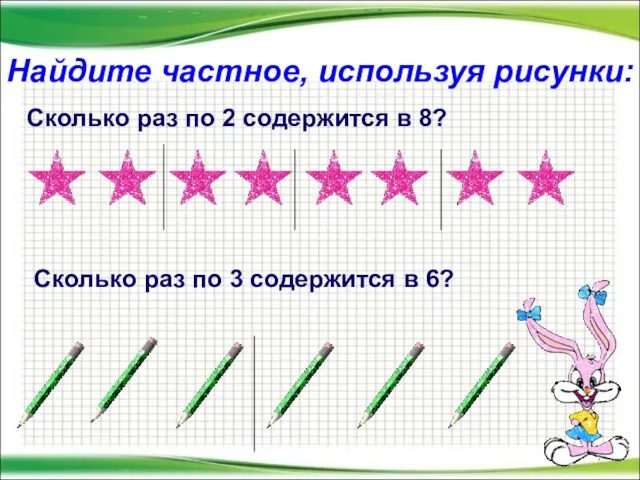 Найдите частное, используя рисунки: Сколько раз по 2 содержится в