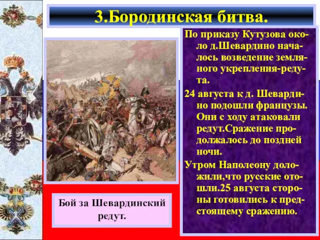 По приказу Кутузова око-ло д.Шевардино нача-лось возведение земля-ного укрепления-реду-та. 24