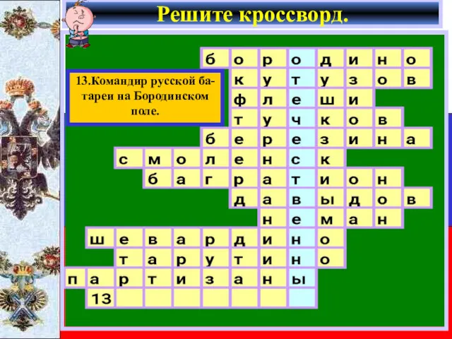 Решите кроссворд. 13.Командир русской ба- тареи на Бородинском поле.