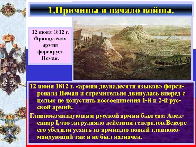 12 июня 1812 г. «армия двунадесяти языков» форси-ровала Неман и