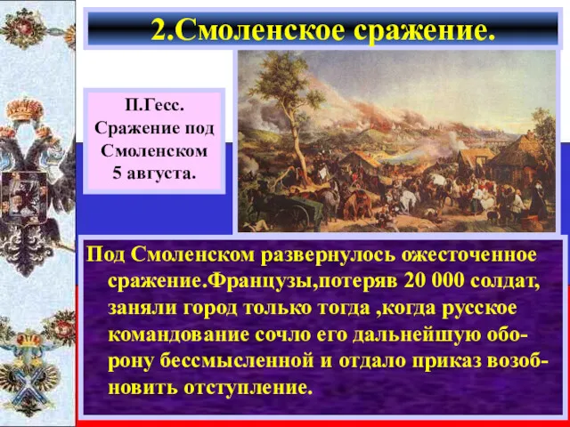 Под Смоленском развернулось ожесточенное сражение.Французы,потеряв 20 000 солдат, заняли город