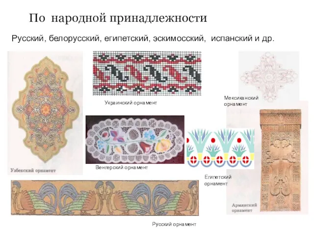 По народной принадлежности Украинский орнамент Русский орнамент Венгерский орнамент Мексиканский