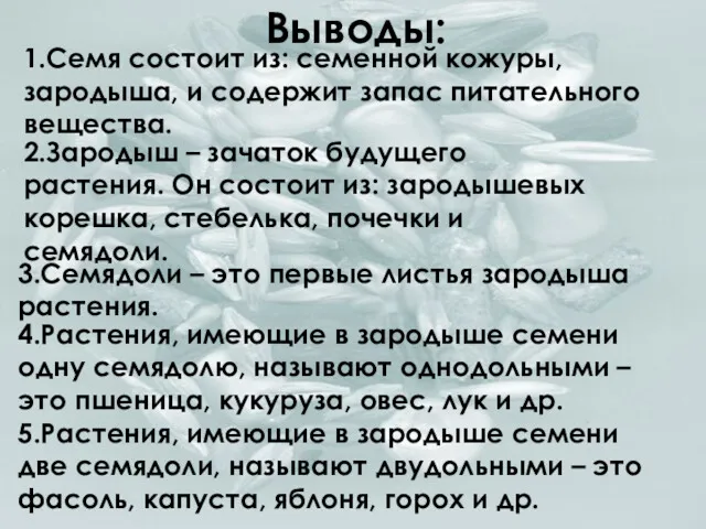 Выводы: 1.Семя состоит из: семенной кожуры, зародыша, и содержит запас