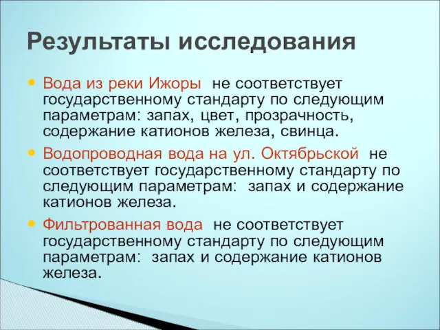 Вода из реки Ижоры не соответствует государственному стандарту по следующим