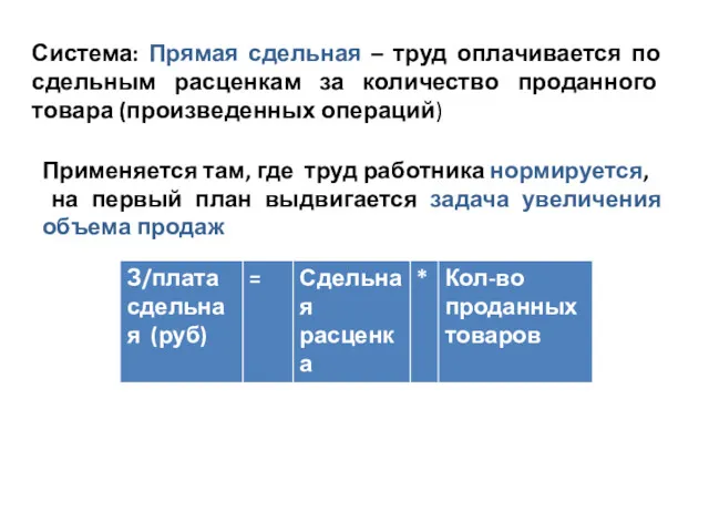 Система: Прямая сдельная – труд оплачивается по сдельным расценкам за