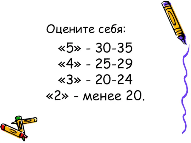 «5» - 30-35 «4» - 25-29 «3» - 20-24 «2» - менее 20. Оцените себя: