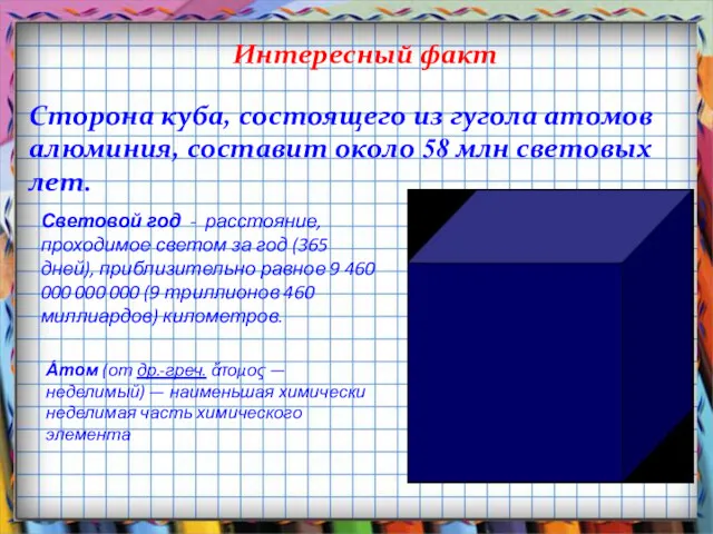 Интересный факт Сторона куба, состоящего из гугола атомов алюминия, составит