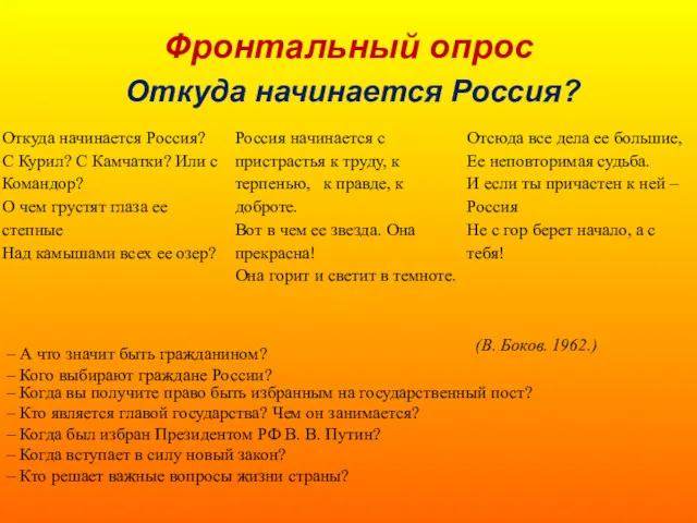 Фронтальный опрос Откуда начинается Россия? – А что значит быть гражданином? – Кого