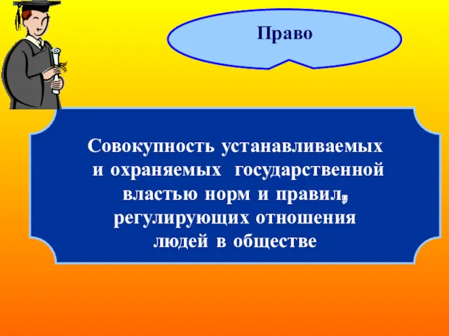 Совокупность устанавливаемых и охраняемых государственной властью норм и правил, регулирующих отношения людей в обществе Право