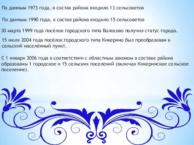 По данным 1973 года, в состав района входило 13 сельсоветов