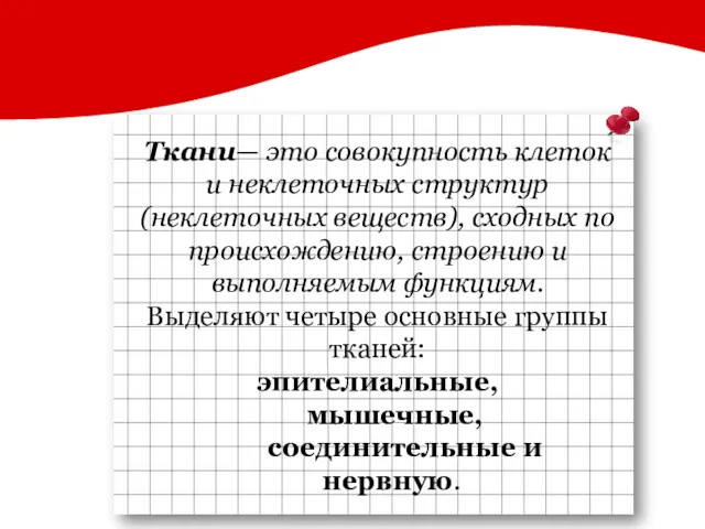 Ткани— это совокупность клеток и неклеточных структур (неклеточных веществ), сходных