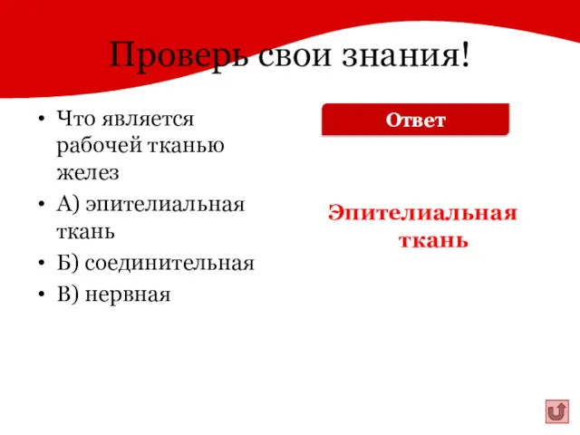 Проверь свои знания! Что является рабочей тканью желез А) эпителиальная