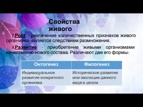 Свойства живого 7.Рост - увеличение количественных признаков живого организма; является