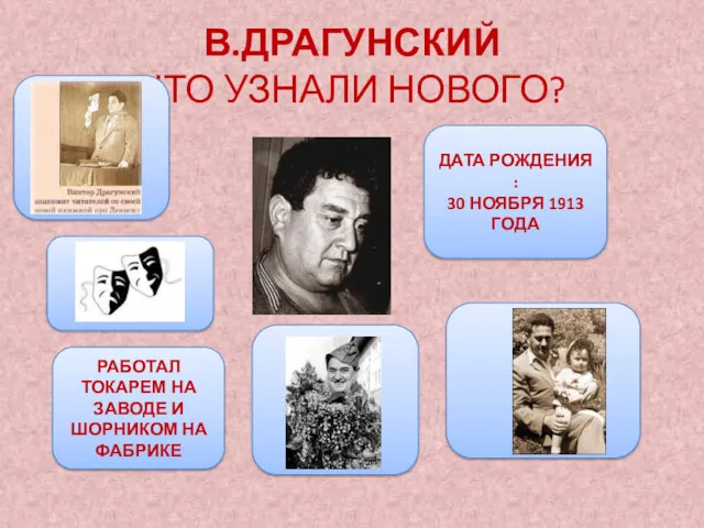 В.ДРАГУНСКИЙ ЧТО УЗНАЛИ НОВОГО? ДАТА РОЖДЕНИЯ : 30 НОЯБРЯ 1913