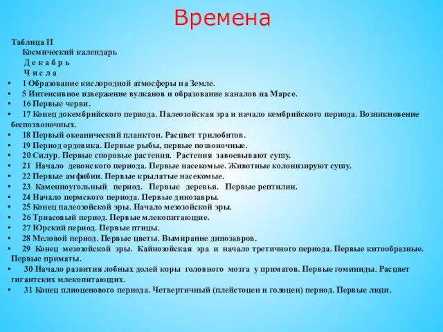 Времена Таблица II Космический календарь Д е к а б