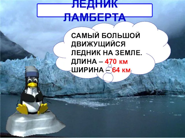 ЛЕДНИК ЛАМБЕРТА САМЫЙ БОЛЬШОЙ ДВИЖУЩИЙСЯ ЛЕДНИК НА ЗЕМЛЕ. ДЛИНА – 470 км ШИРИНА – 64 км