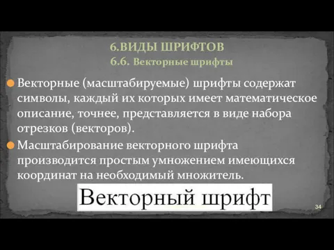 Векторные (масштабируемые) шрифты содержат символы, каждый их которых имеет математическое