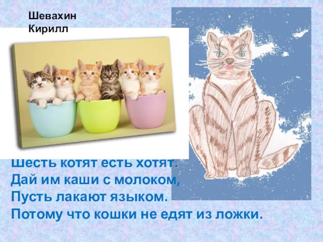 Шесть котят есть хотят. Дай им каши с молоком, Пусть