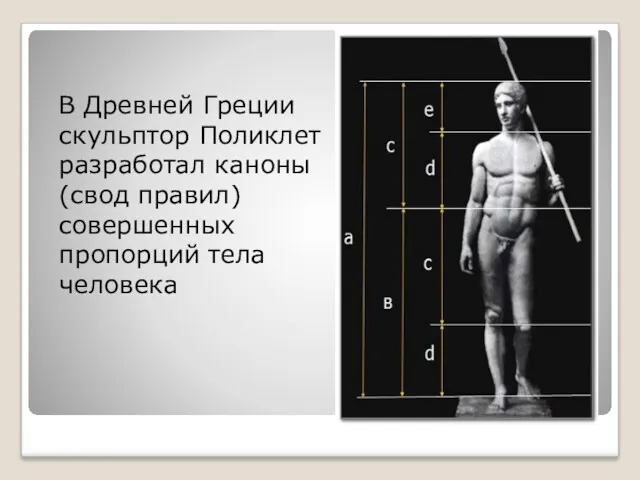 В Древней Греции скульптор Поликлет разработал каноны (свод правил) совершенных пропорций тела человека