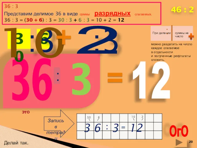 ОгО 46 : 2 36 : 3 Представим делимое 36